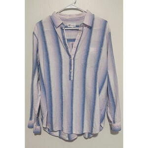 Gap Linen Blend Shirt Women’s Large 1/2 Button Pullover Blue Pink White Striped